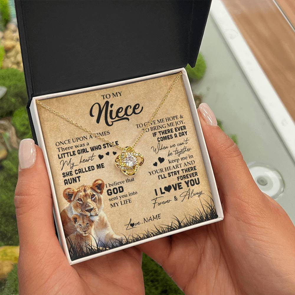 Love Knot Necklace 18K Yellow Gold Finish | Personalized To My Niece Lion Necklace From Aunt Auntie I'll Stay There Forever Niece Birthday Graduation Christmas Customized Gift Box Message Card | siriusteestore