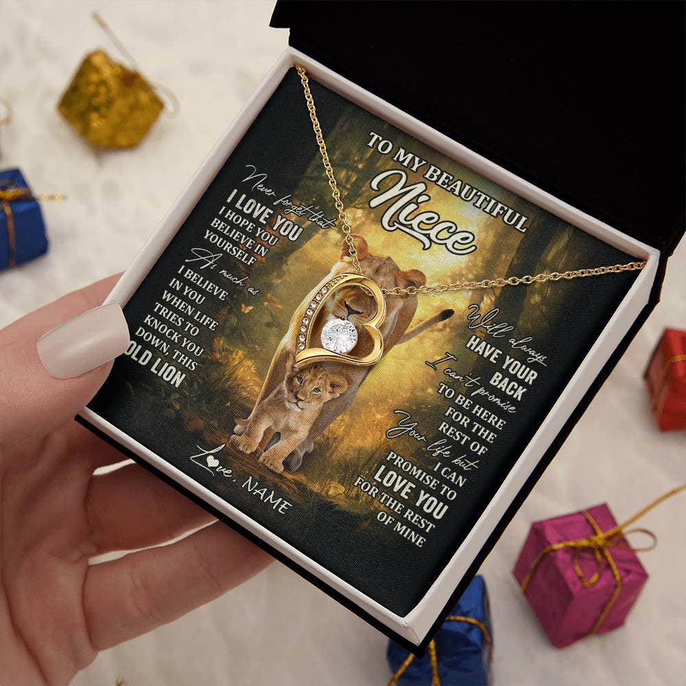 Forever Love Necklace 18K Yellow Gold Finish | 2 | Personalized To My Niece Lion Necklace From Aunt Auntie Never Forget That I Love You Niece Birthday Graduation Christmas Customized Gift Box Message Card | siriusteestore
