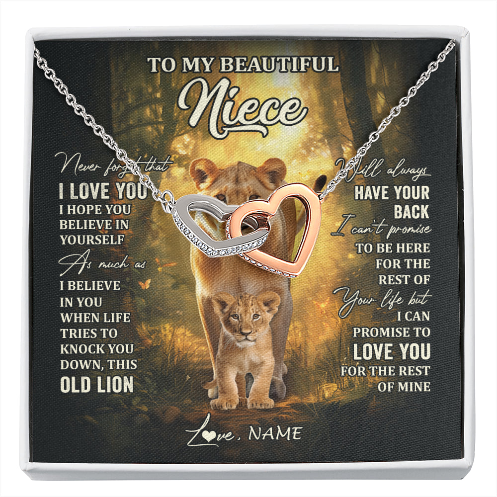Interlocking Hearts Necklace Stainless Steel & Rose Gold Finish | 1 | Personalized To My Niece Lion Necklace From Aunt Auntie Never Forget That I Love You Niece Birthday Graduation Christmas Customized Gift Box Message Card | siriusteestore