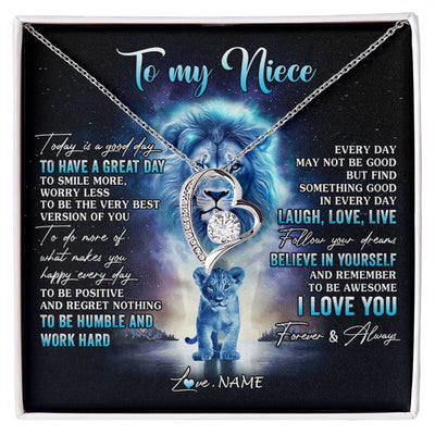 Forever Love Necklace 14K White Gold Finish | 1 | Personalized To My Niece Lion Necklace From Uncle Every Day Laugh Love Live Niece Pendant Birthday Graduation Christmas Customized Gift Box Message Card | siriusteestore