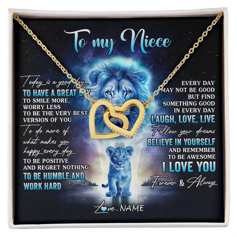 Interlocking Hearts Necklace 18K Yellow Gold Finish | 1 | Personalized To My Niece Lion Necklace From Uncle Every Day Laugh Love Live Niece Pendant Birthday Graduation Christmas Customized Gift Box Message Card | siriusteestore