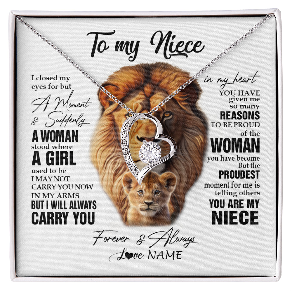 Forever Love Necklace 14K White Gold Finish | 1 | Personalized To My Niece Lion Necklace From Uncle I Closed My Eyes Great Niece Birthday Gifts Graduation Christmas Customized Gift Box Message Card | siriusteestore