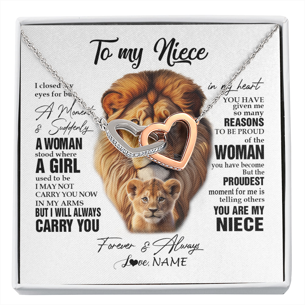 Interlocking Hearts Necklace Stainless Steel & Rose Gold Finish | 1 | Personalized To My Niece Lion Necklace From Uncle I Closed My Eyes Great Niece Birthday Gifts Graduation Christmas Customized Gift Box Message Card | siriusteestore