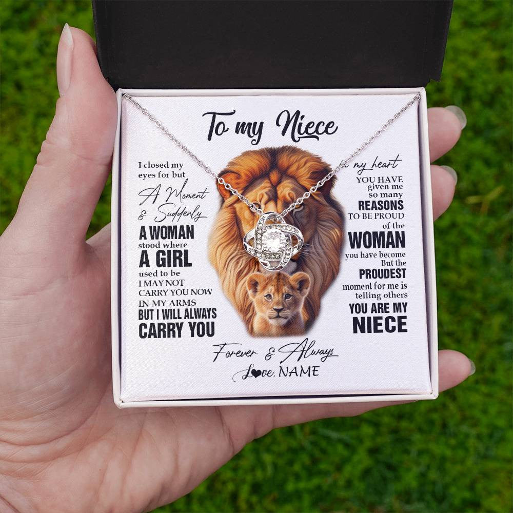 Love Knot Necklace 14K White Gold Finish | 2 | Personalized To My Niece Lion Necklace From Uncle I Closed My Eyes Great Niece Birthday Gifts Graduation Christmas Customized Gift Box Message Card | siriusteestore