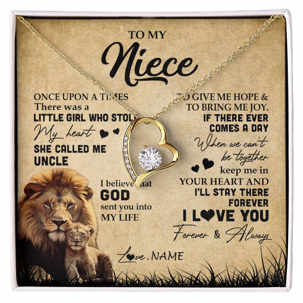 Forever Love Necklace 18K Yellow Gold Finish | Personalized To My Niece Lion Necklace From Uncle I'll Stay There Forever Niece Birthday Graduation Christmas Customized Gift Box Message Card | siriusteestore