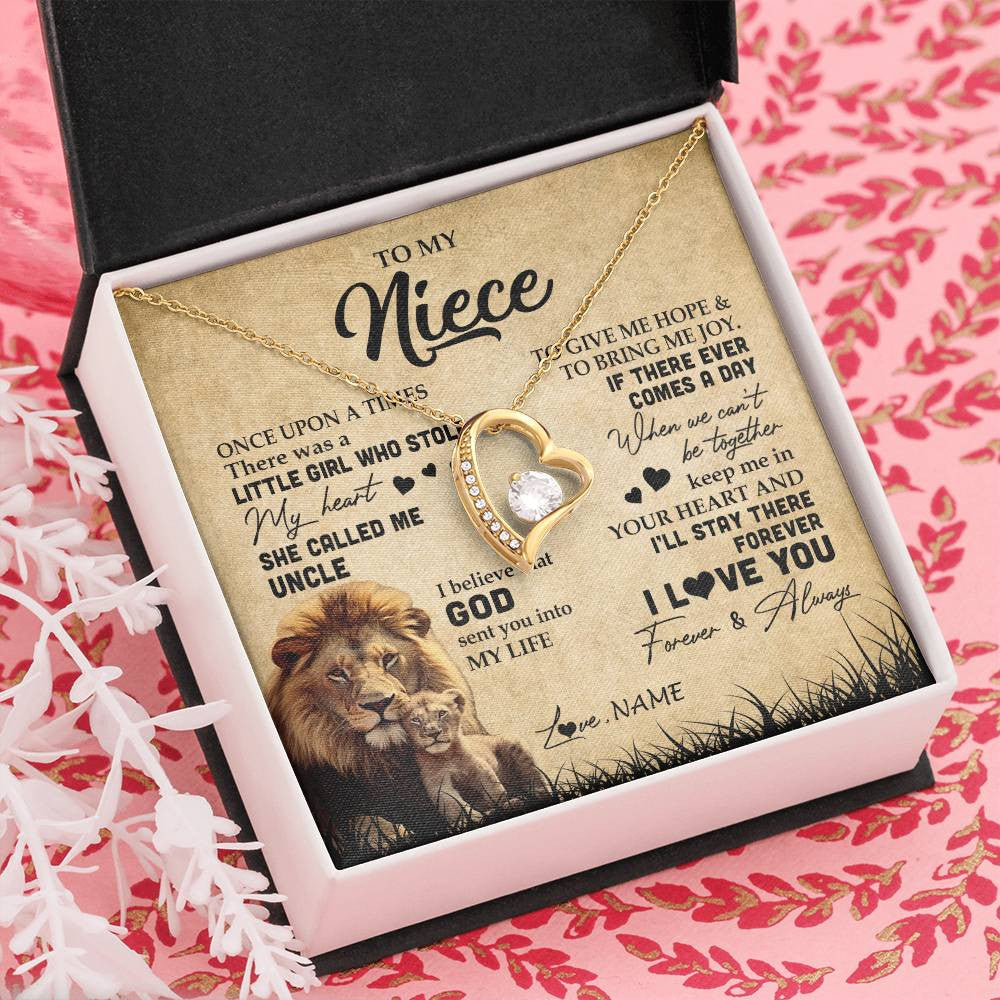 Forever Love Necklace 18K Yellow Gold Finish | Personalized To My Niece Lion Necklace From Uncle I'll Stay There Forever Niece Birthday Graduation Christmas Customized Gift Box Message Card | siriusteestore