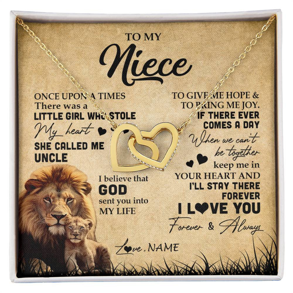 Interlocking Hearts Necklace 18K Yellow Gold Finish | Personalized To My Niece Lion Necklace From Uncle I'll Stay There Forever Niece Birthday Graduation Christmas Customized Gift Box Message Card | siriusteestore