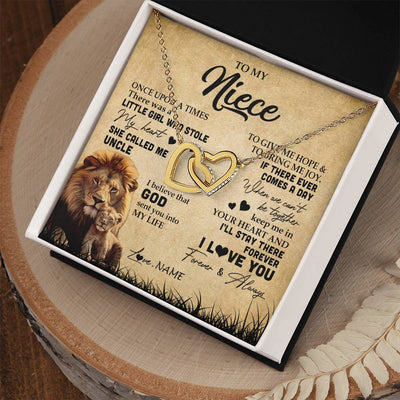 Interlocking Hearts Necklace 18K Yellow Gold Finish | Personalized To My Niece Lion Necklace From Uncle I'll Stay There Forever Niece Birthday Graduation Christmas Customized Gift Box Message Card | siriusteestore