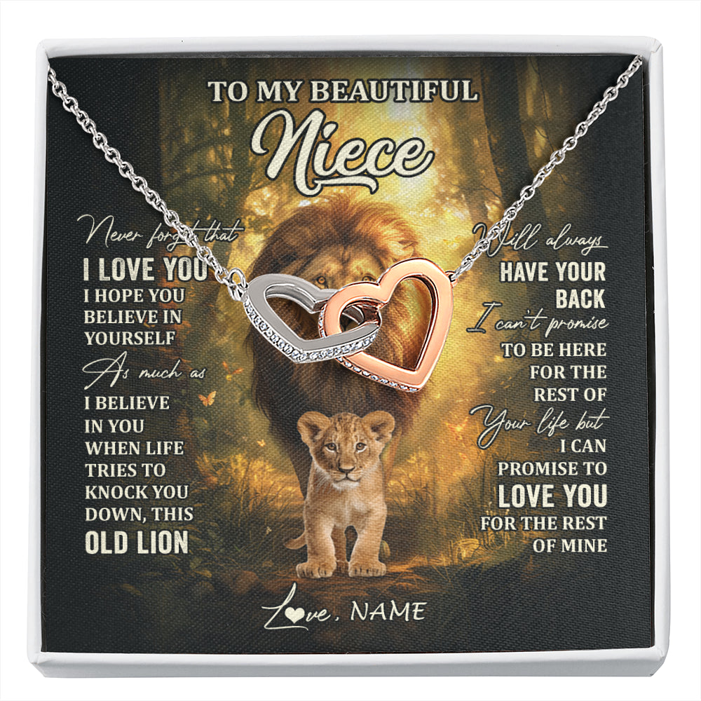 Interlocking Hearts Necklace Stainless Steel & Rose Gold Finish | 1 | Personalized To My Niece Lion Necklace From Uncle Never Forget That I Love You Niece Birthday Gifts Graduation Christmas Customized Gift Box Message Card | siriusteestore