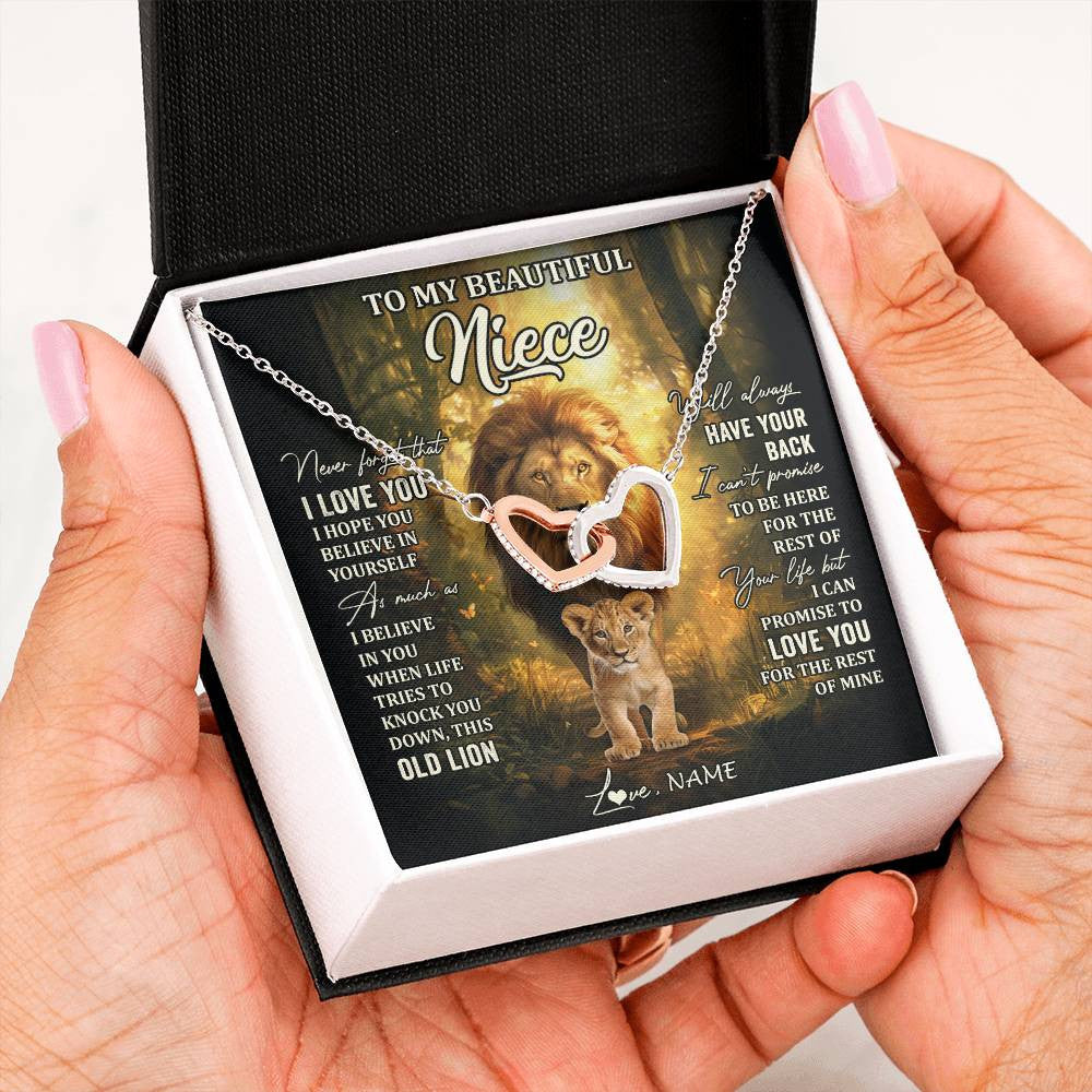 Interlocking Hearts Necklace Stainless Steel & Rose Gold Finish | 2 | Personalized To My Niece Lion Necklace From Uncle Never Forget That I Love You Niece Birthday Gifts Graduation Christmas Customized Gift Box Message Card | siriusteestore