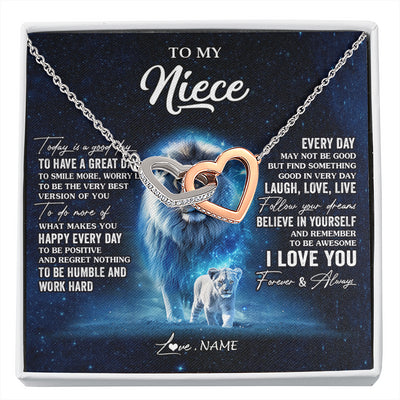 Interlocking Hearts Necklace Stainless Steel & Rose Gold Finish | 1 | Personalized To My Niece Lion Necklace From Uncle Today Is A Good Day Niece Gifts Birthday Jewelry Graduation Christmas Customized Gift Box Message Card | siriusteestore