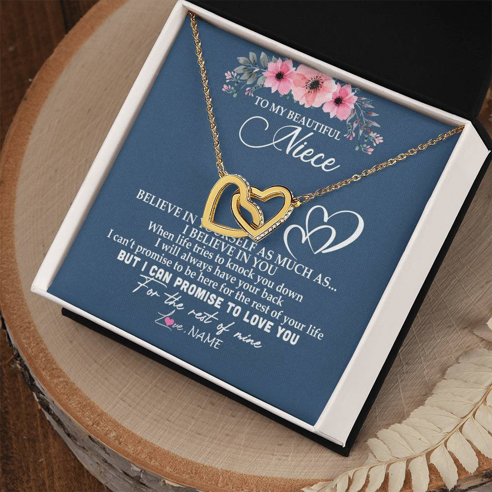 Interlocking Hearts Necklace 18K Yellow Gold Finish | Personalized To My Niece Necklace From Aunt Auntie Believe In Yourself Niece Birthday Graduation Christmas Customized Message Card | siriusteestore