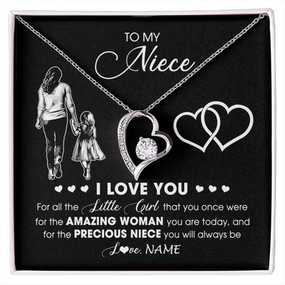 Forever Love Necklace 14K White Gold Finish | 1 | Personalized To My Niece Necklace From Aunt Auntie I Love You Little Girl Niece Birthday Graduation Christmas Jewelry Customized Gift Box Message Card | siriusteestore