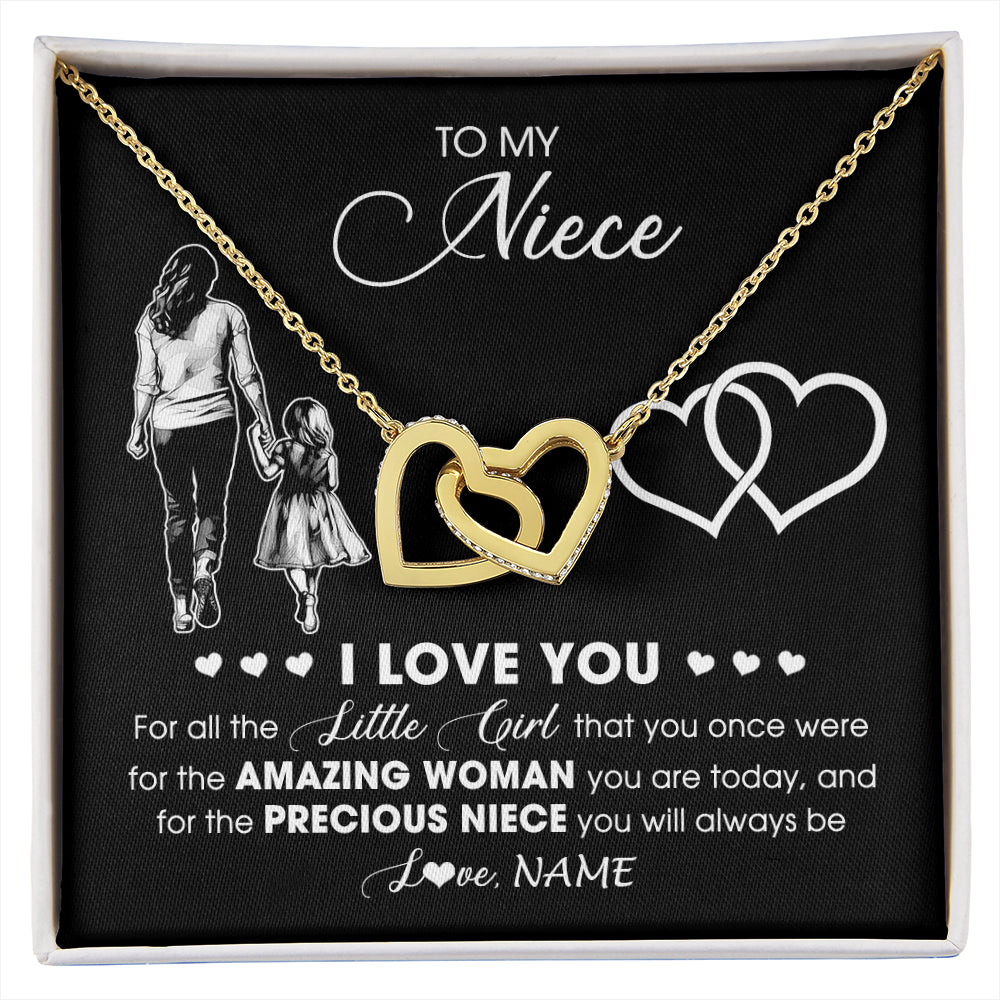 Interlocking Hearts Necklace 18K Yellow Gold Finish | 1 | Personalized To My Niece Necklace From Aunt Auntie I Love You Little Girl Niece Birthday Graduation Christmas Jewelry Customized Gift Box Message Card | siriusteestore