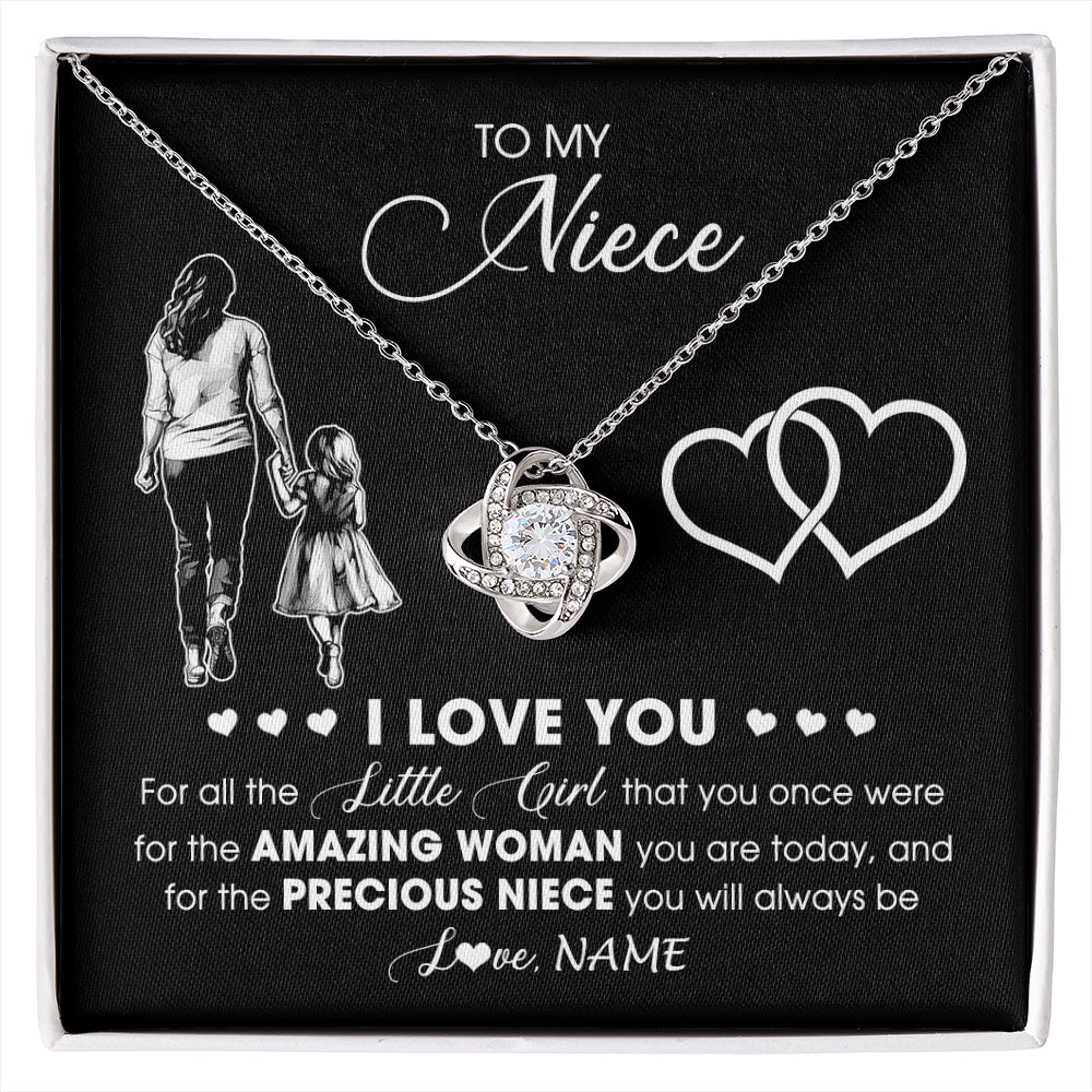 Love Knot Necklace 14K White Gold Finish | 1 | Personalized To My Niece Necklace From Aunt Auntie I Love You Little Girl Niece Birthday Graduation Christmas Jewelry Customized Gift Box Message Card | siriusteestore