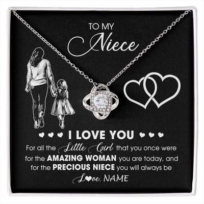 Love Knot Necklace 14K White Gold Finish | 1 | Personalized To My Niece Necklace From Aunt Auntie I Love You Little Girl Niece Birthday Graduation Christmas Jewelry Customized Gift Box Message Card | siriusteestore
