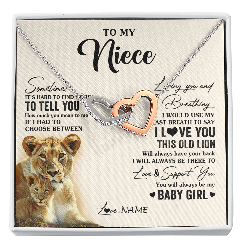 Interlocking Hearts Necklace Stainless Steel & Rose Gold Finish | 1 | Personalized To My Niece Necklace From Aunt Auntie I Love You This Old Lion Niece Birthday Graduation Christmas Jewelry Customized Gift Box Message Card | siriusteestore