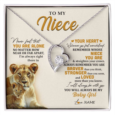 Forever Love Necklace 14K White Gold Finish | 1 | Personalized To My Niece Necklace From Aunt Auntie Lion Never Feel That You Are Alone Great Niece Birthday Christmas Customized Gift Box Message Card | siriusteestore
