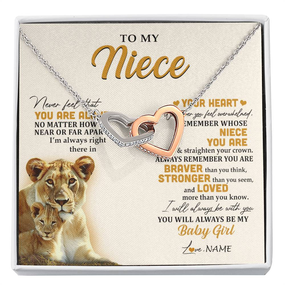Interlocking Hearts Necklace Stainless Steel & Rose Gold Finish | 1 | Personalized To My Niece Necklace From Aunt Auntie Lion Never Feel That You Are Alone Great Niece Birthday Christmas Customized Gift Box Message Card | siriusteestore