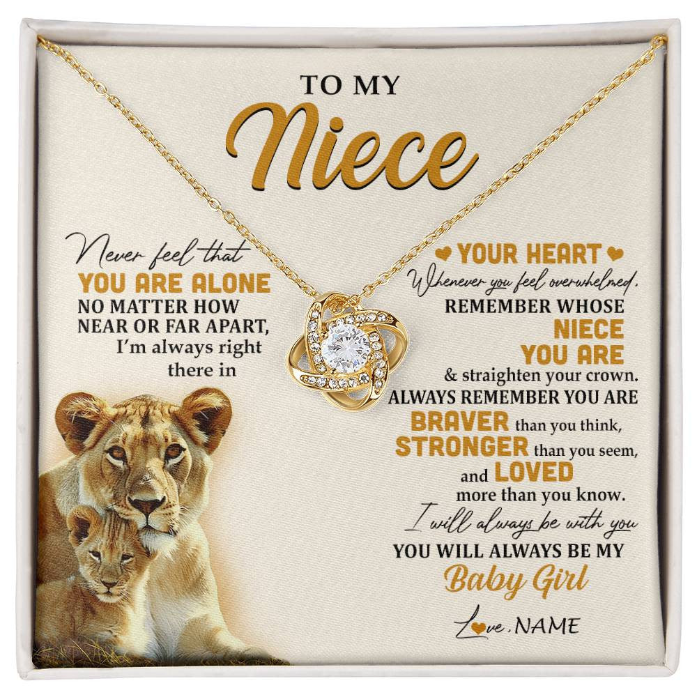Love Knot Necklace 18K Yellow Gold Finish | 1 | Personalized To My Niece Necklace From Aunt Auntie Lion Never Feel That You Are Alone Great Niece Birthday Christmas Customized Gift Box Message Card | siriusteestore