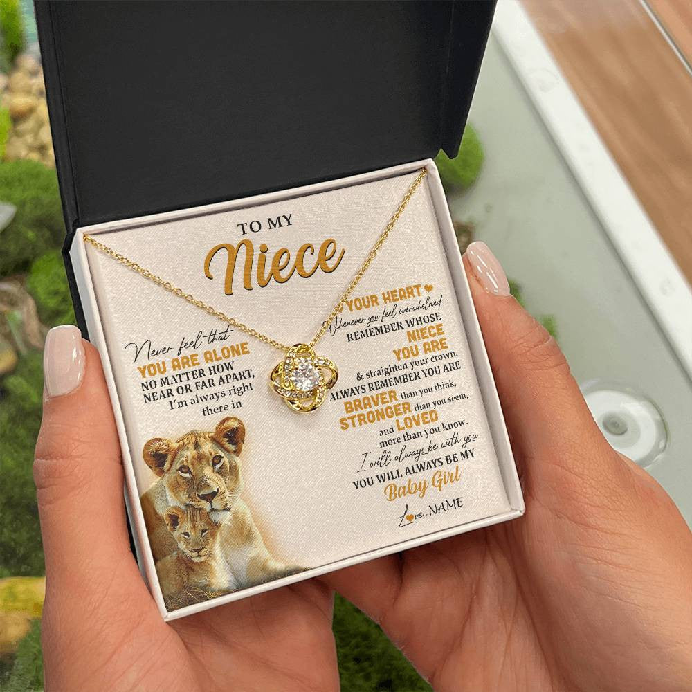 Love Knot Necklace 18K Yellow Gold Finish | 2 | Personalized To My Niece Necklace From Aunt Auntie Lion Never Feel That You Are Alone Great Niece Birthday Christmas Customized Gift Box Message Card | siriusteestore