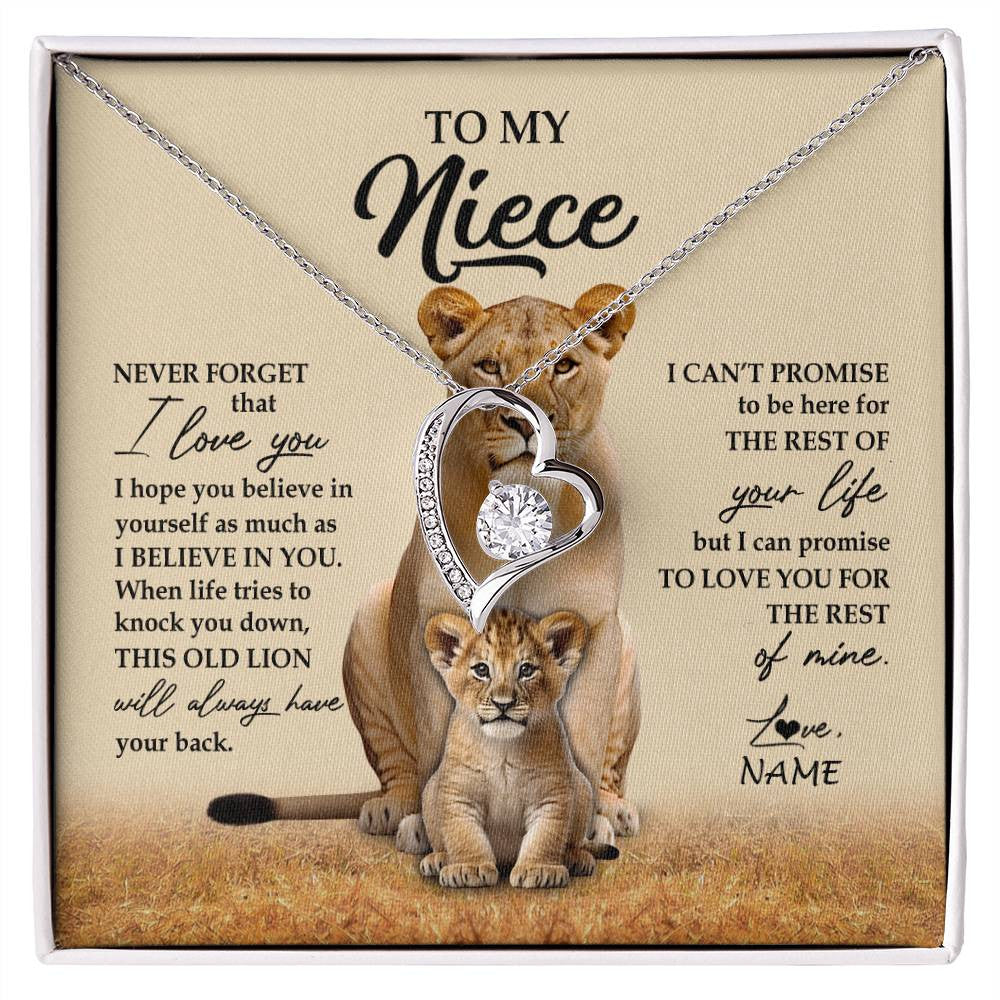 Forever Love Necklace 14K White Gold Finish | 1 | Personalized To My Niece Necklace From Aunt Auntie Lion Never Forget That I Love You Niece Jewelry Birthday Graduation Christmas Customized Message Card | siriusteestore