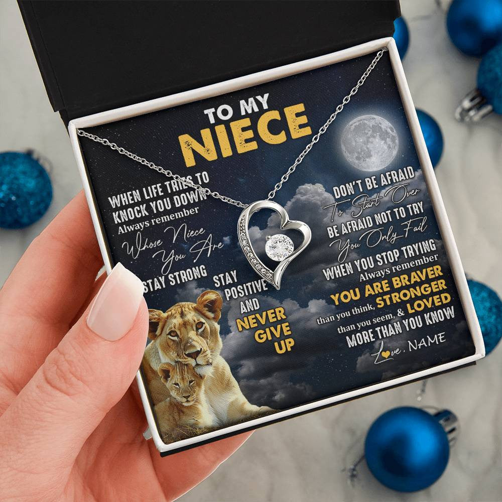 Forever Love Necklace 14K White Gold Finish | 2 | Personalized To My Niece Necklace From Aunt Auntie Lion Never Give Up Niece Birthday Graduation Christmas Jewelry Customized Gift Box Message Card | siriusteestore