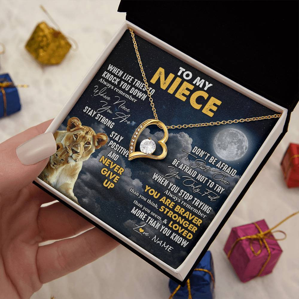 Forever Love Necklace 18K Yellow Gold Finish | 2 | Personalized To My Niece Necklace From Aunt Auntie Lion Never Give Up Niece Birthday Graduation Christmas Jewelry Customized Gift Box Message Card | siriusteestore