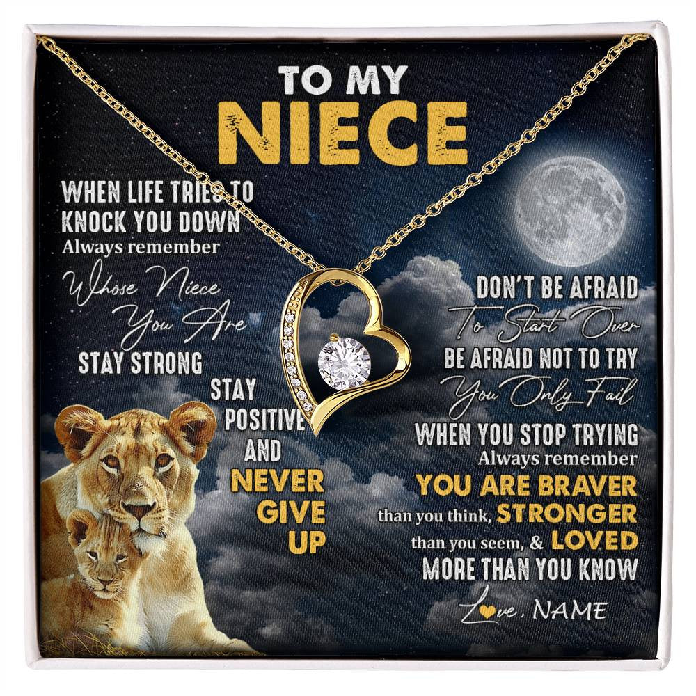 Forever Love Necklace 18K Yellow Gold Finish | 1 | Personalized To My Niece Necklace From Aunt Auntie Lion Never Give Up Niece Birthday Graduation Christmas Jewelry Customized Gift Box Message Card | siriusteestore