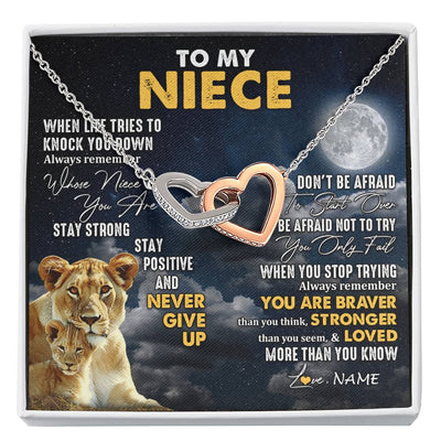 Interlocking Hearts Necklace Stainless Steel & Rose Gold Finish | 1 | Personalized To My Niece Necklace From Aunt Auntie Lion Never Give Up Niece Birthday Graduation Christmas Jewelry Customized Gift Box Message Card | siriusteestore