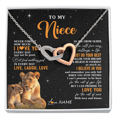 Interlocking Hearts Necklace Stainless Steel & Rose Gold Finish | 1 | Personalized To My Niece Necklace From Aunt Auntie Live Laugh Love Lion Niece Birthday Gifts Positive Graduation Christmas Customized Gift Box Message Card | siriusteestore