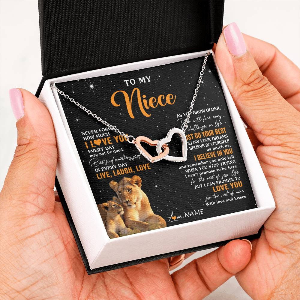 Interlocking Hearts Necklace Stainless Steel & Rose Gold Finish | 2 | Personalized To My Niece Necklace From Aunt Auntie Live Laugh Love Lion Niece Birthday Gifts Positive Graduation Christmas Customized Gift Box Message Card | siriusteestore