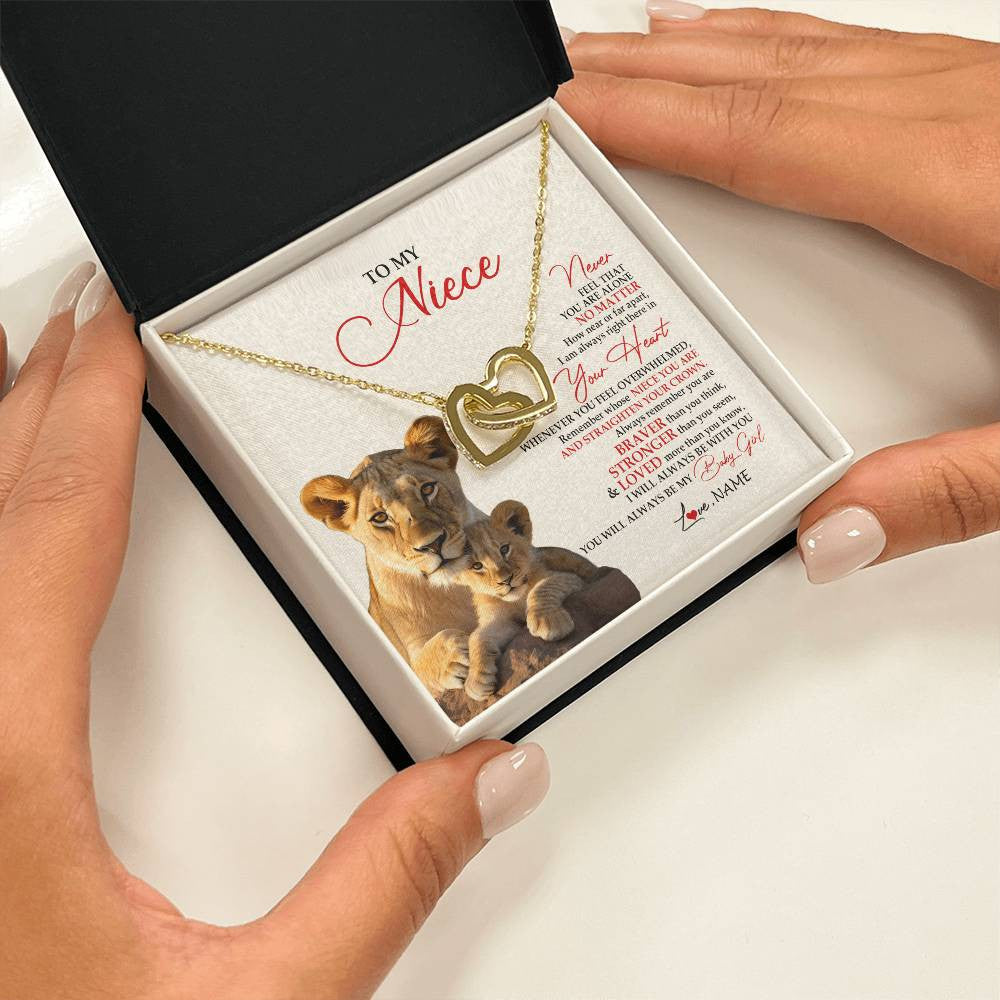 Interlocking Hearts Necklace 18K Yellow Gold Finish | 2 | Personalized To My Niece Necklace From Aunt Auntie Never Feel You Are Alone Lion Niece Birthday Graduation Christmas Customized Gift Box Message Card | siriusteestore
