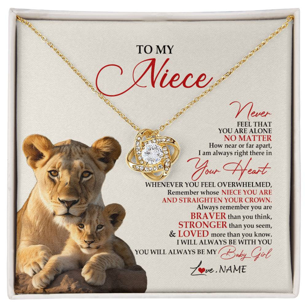 Love Knot Necklace 18K Yellow Gold Finish | 1 | Personalized To My Niece Necklace From Aunt Auntie Never Feel You Are Alone Lion Niece Birthday Graduation Christmas Customized Gift Box Message Card | siriusteestore