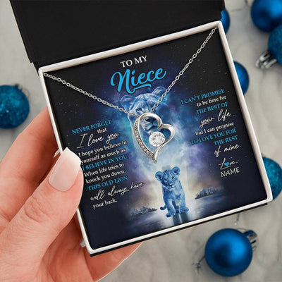 Forever Love Necklace 14K White Gold Finish | 2 | Personalized To My Niece Necklace From Aunt Auntie Never Forget I Love You Lion Niece Jewelry Birthday Graduation Christmas Customized Message Card | siriusteestore