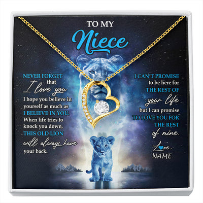 Forever Love Necklace 18K Yellow Gold Finish | 1 | Personalized To My Niece Necklace From Aunt Auntie Never Forget I Love You Lion Niece Jewelry Birthday Graduation Christmas Customized Message Card | siriusteestore