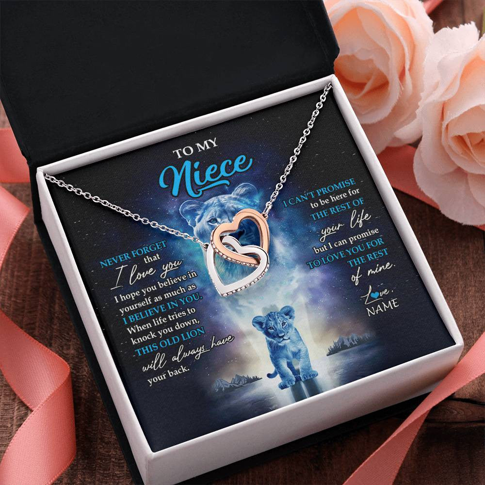 Interlocking Hearts Necklace Stainless Steel & Rose Gold Finish | 2 | Personalized To My Niece Necklace From Aunt Auntie Never Forget I Love You Lion Niece Jewelry Birthday Graduation Christmas Customized Message Card | siriusteestore