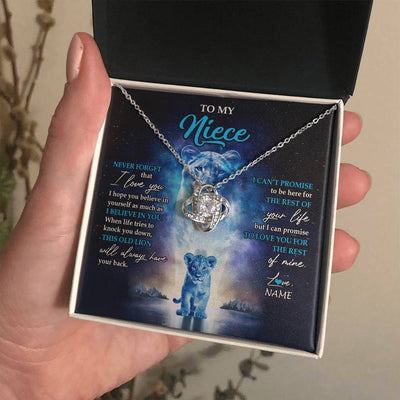 Love Knot Necklace 14K White Gold Finish | 2 | Personalized To My Niece Necklace From Aunt Auntie Never Forget I Love You Lion Niece Jewelry Birthday Graduation Christmas Customized Message Card | siriusteestore