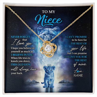 Love Knot Necklace 18K Yellow Gold Finish | 1 | Personalized To My Niece Necklace From Aunt Auntie Never Forget I Love You Lion Niece Jewelry Birthday Graduation Christmas Customized Message Card | siriusteestore