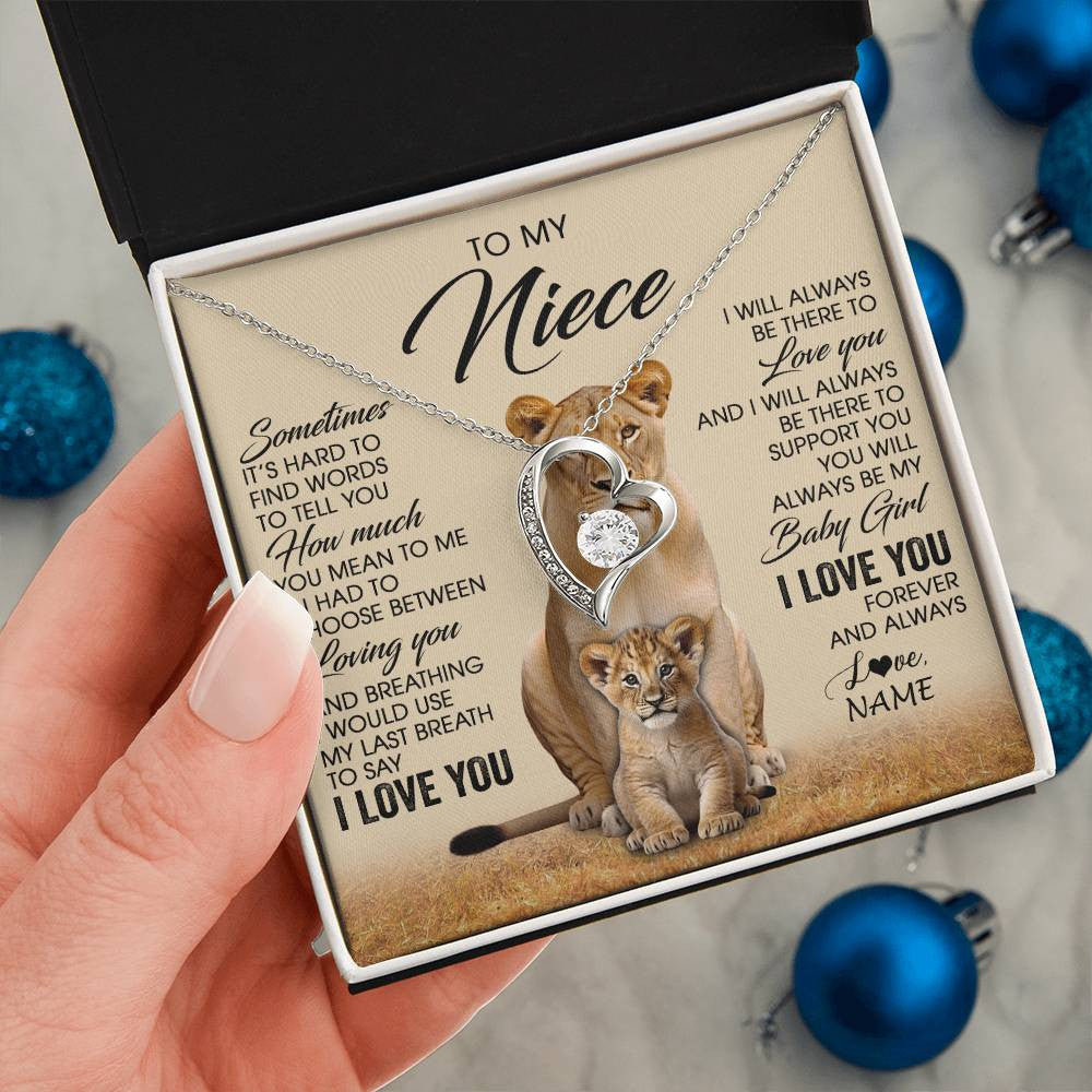 Forever Love Necklace 14K White Gold Finish | 2 | Personalized To My Niece Necklace From Aunt Auntie Sometimes It's Hard Lion Niece Gift Birthday Jewelry Graduation Christmas Customized Gift Box Message Card | siriusteestore