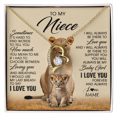 Forever Love Necklace 18K Yellow Gold Finish | 1 | Personalized To My Niece Necklace From Aunt Auntie Sometimes It's Hard Lion Niece Gift Birthday Jewelry Graduation Christmas Customized Gift Box Message Card | siriusteestore