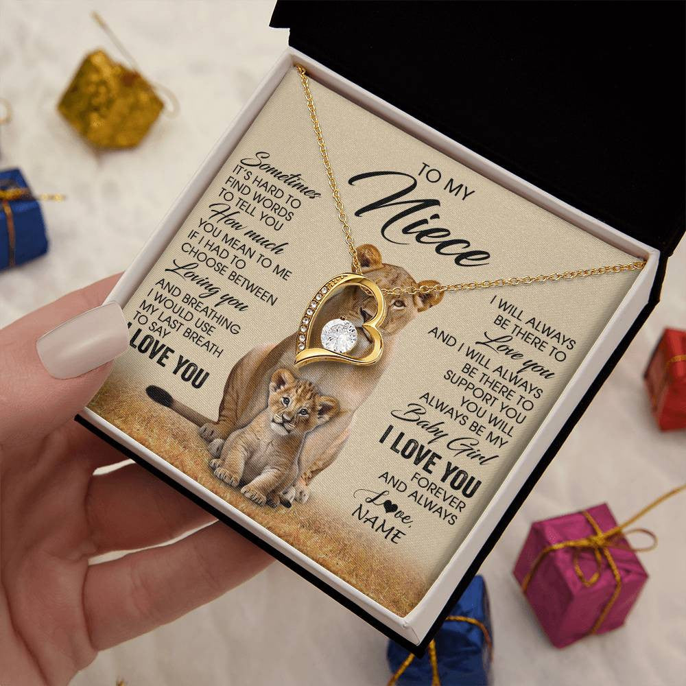 Forever Love Necklace 18K Yellow Gold Finish | 2 | Personalized To My Niece Necklace From Aunt Auntie Sometimes It's Hard Lion Niece Gift Birthday Jewelry Graduation Christmas Customized Gift Box Message Card | siriusteestore