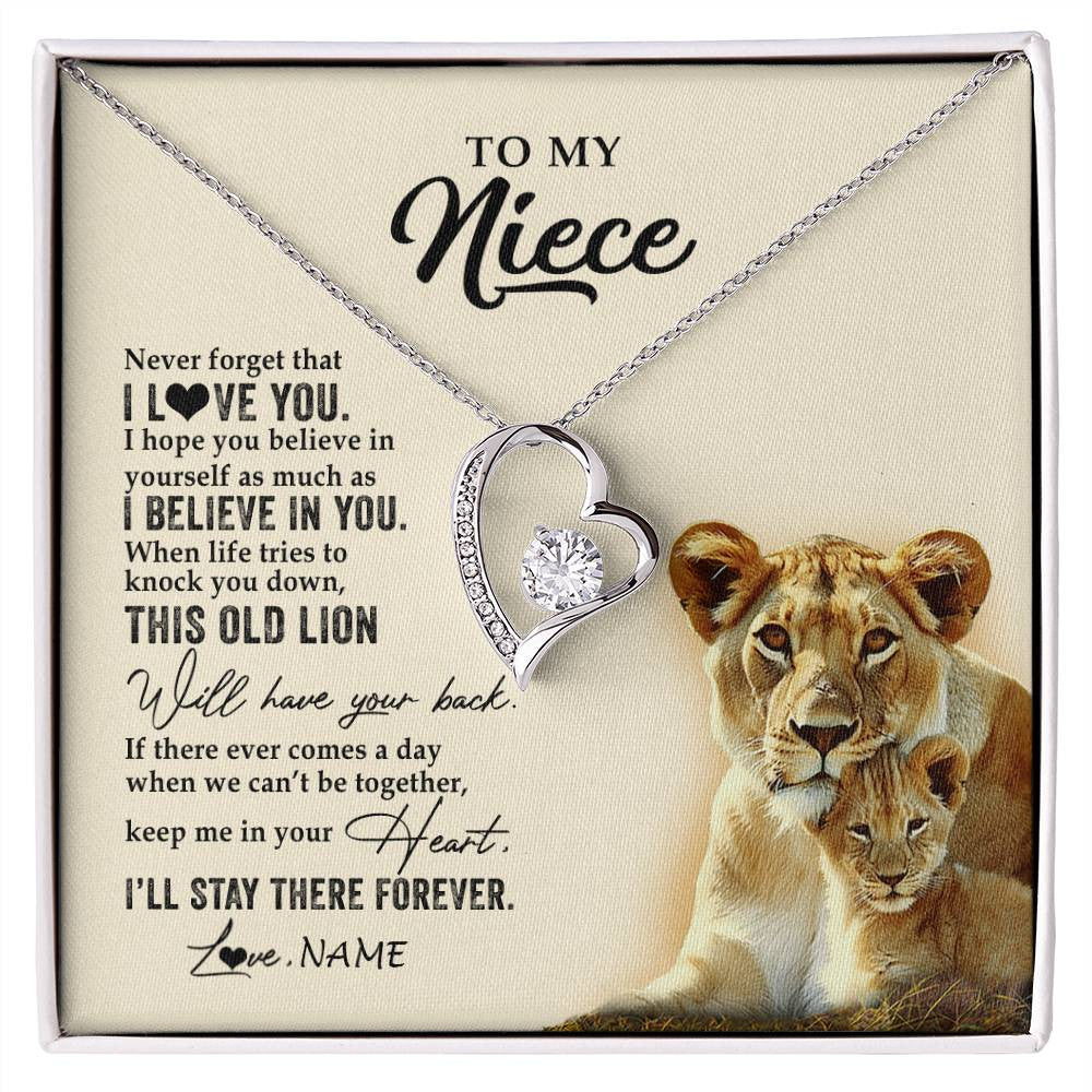 Forever Love Necklace 14K White Gold Finish | 1 | Personalized To My Niece Necklace From Aunt Auntie This Old Lion Never Forget I Love You Niece Jewelry Birthday Christmas Customized Gift Box Message Card | siriusteestore