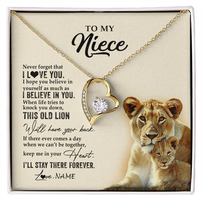 Forever Love Necklace 18K Yellow Gold Finish | 1 | Personalized To My Niece Necklace From Aunt Auntie This Old Lion Never Forget I Love You Niece Jewelry Birthday Christmas Customized Gift Box Message Card | siriusteestore