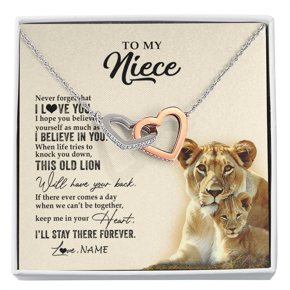 Interlocking Hearts Necklace Stainless Steel & Rose Gold Finish | 1 | Personalized To My Niece Necklace From Aunt Auntie This Old Lion Never Forget I Love You Niece Jewelry Birthday Christmas Customized Gift Box Message Card | siriusteestore