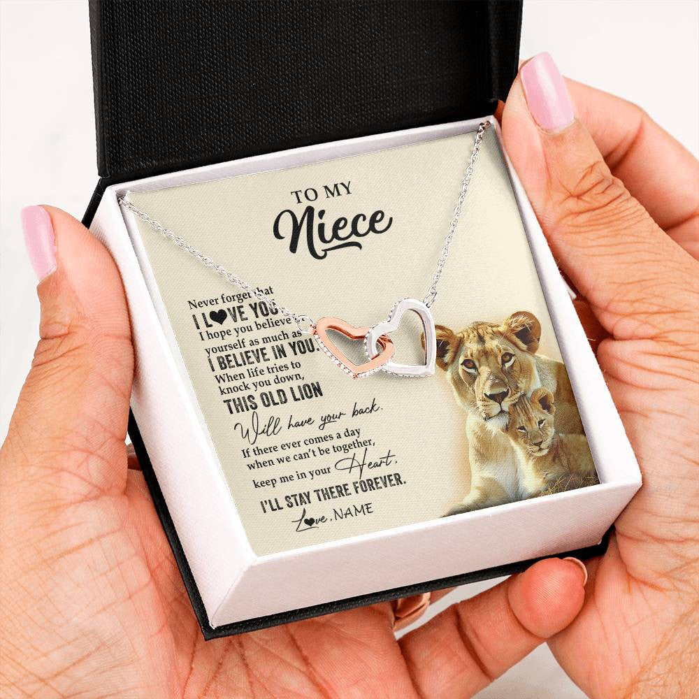 Interlocking Hearts Necklace Stainless Steel & Rose Gold Finish | 2 | Personalized To My Niece Necklace From Aunt Auntie This Old Lion Never Forget I Love You Niece Jewelry Birthday Christmas Customized Gift Box Message Card | siriusteestore