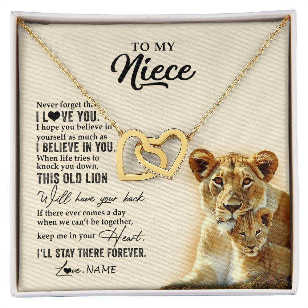 Interlocking Hearts Necklace 18K Yellow Gold Finish | 1 | Personalized To My Niece Necklace From Aunt Auntie This Old Lion Never Forget I Love You Niece Jewelry Birthday Christmas Customized Gift Box Message Card | siriusteestore