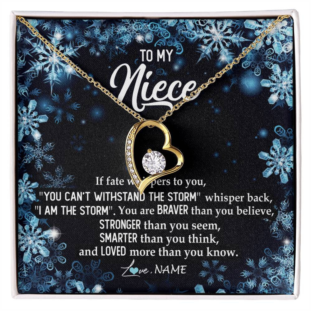 Forever Love Necklace 18K Yellow Gold Finish | Personalized To My Niece Necklace From Aunt Auntie Uncle Auntie Whisper Back I Am The Storm Niece Pendant Jewelry Birthday Christmas Customized Message Card | siriusteestore