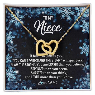 Interlocking Hearts Necklace 18K Yellow Gold Finish | Personalized To My Niece Necklace From Aunt Auntie Uncle Auntie Whisper Back I Am The Storm Niece Pendant Jewelry Birthday Christmas Customized Message Card | siriusteestore