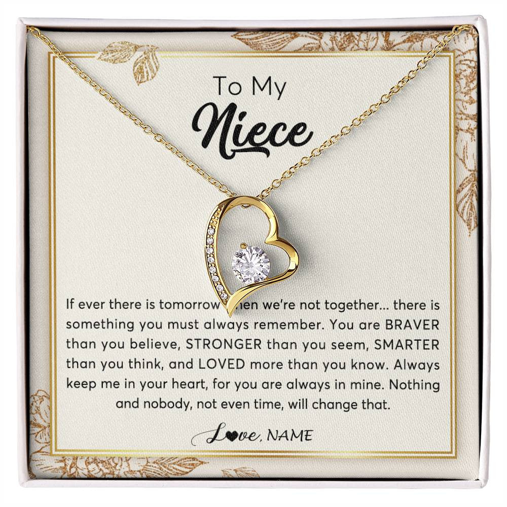 Forever Love Necklace 18K Yellow Gold Finish | Personalized To My Niece Necklace From Aunt Auntie Uncle Braver Stronger Smarter Loved Niece Jewelry Birthday Christmas Customized Gift Box Message Card | siriusteestore